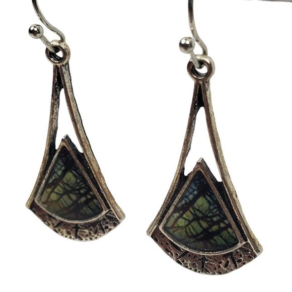 Bohemian Textured Silver Tone Dangle Drop Green Black Resin Faux Stone Earrings - Picture 2 of 7